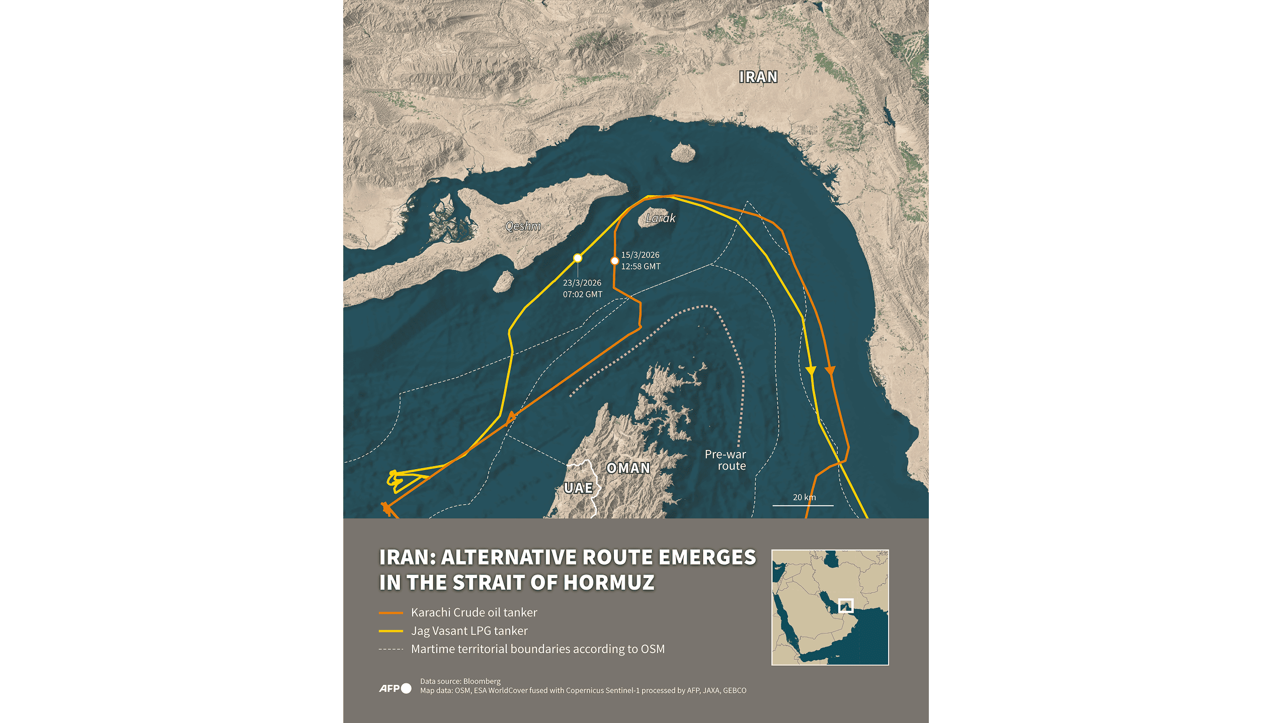 Infographic with map showing an alternative route taken by some ships passing through the Strait of Hormuz and the route used before the start of the Middle East war which began on February 28, 2026.