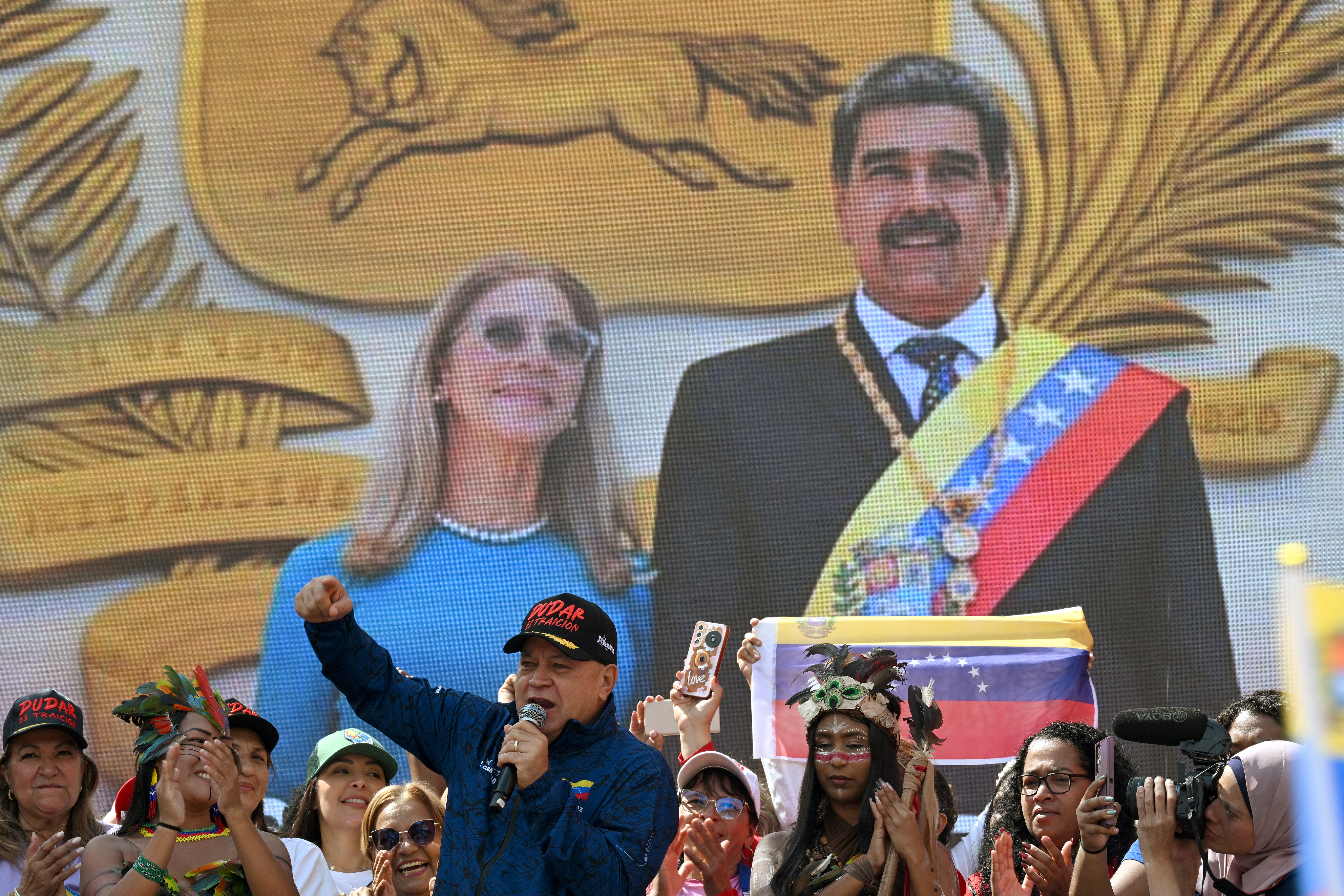 Venezuela's Minister of Interior Diosdado Cabello delivers a speech during a women's rally